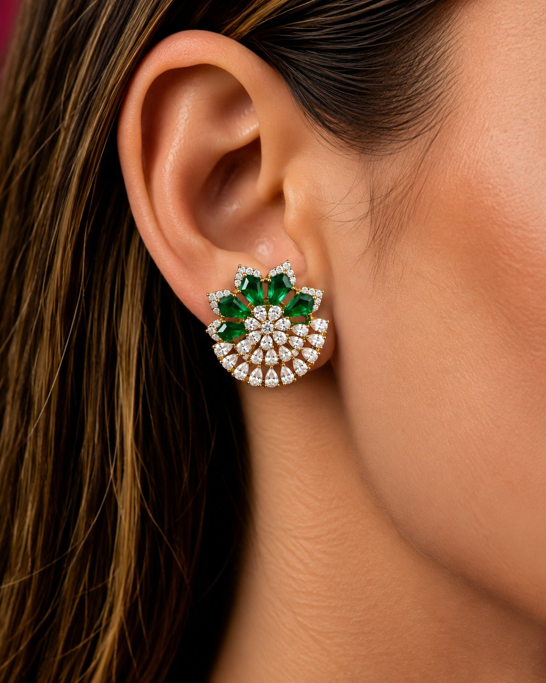 Zarelle Fan Bloom Diamond-Look Stud Earrings – Ruby, Green & Blue