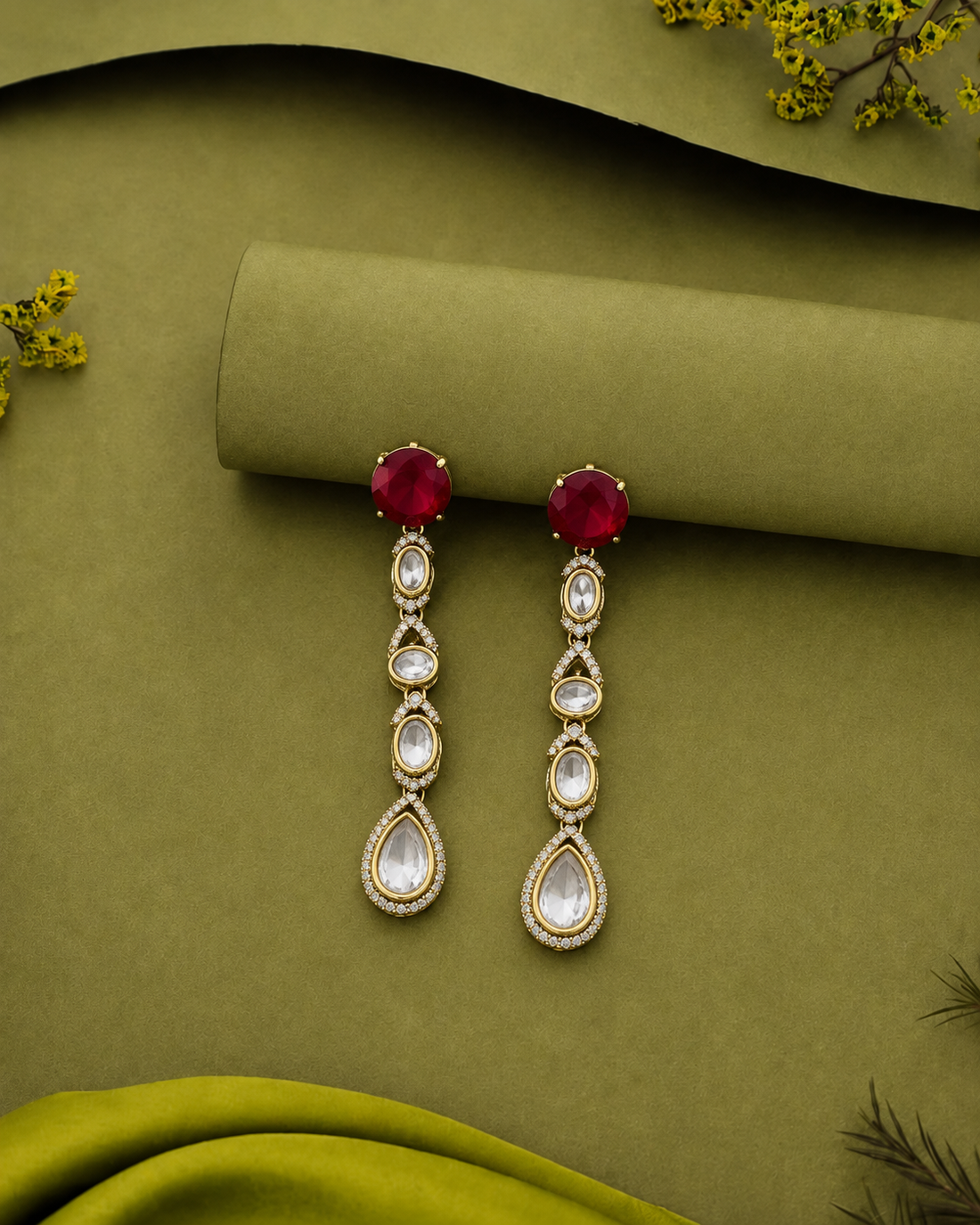 Teardrop Cascade Earrings – Ruby Red & Emerald Green Variant