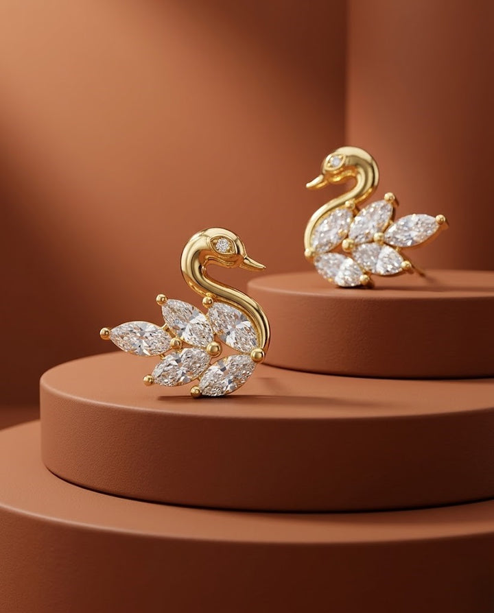 Premium Swan Design Diamond Earrings for Women | Gold Polish Leaf Pattern Party Wear Earrings