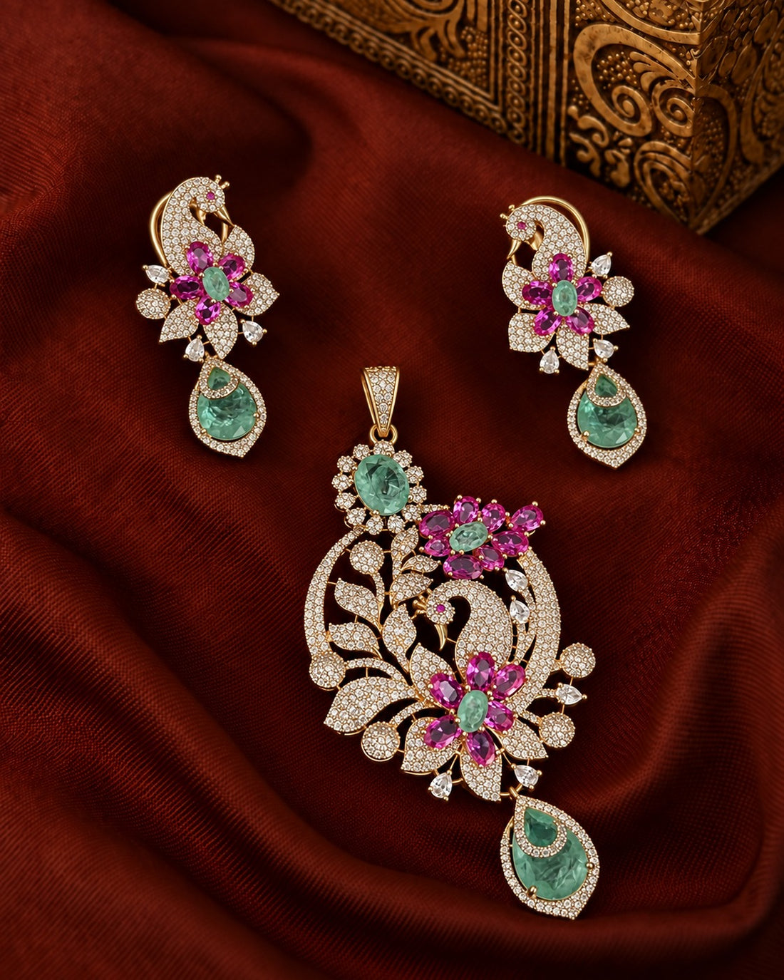Mayurika Peacock Blossom Pendant & Earrings Set