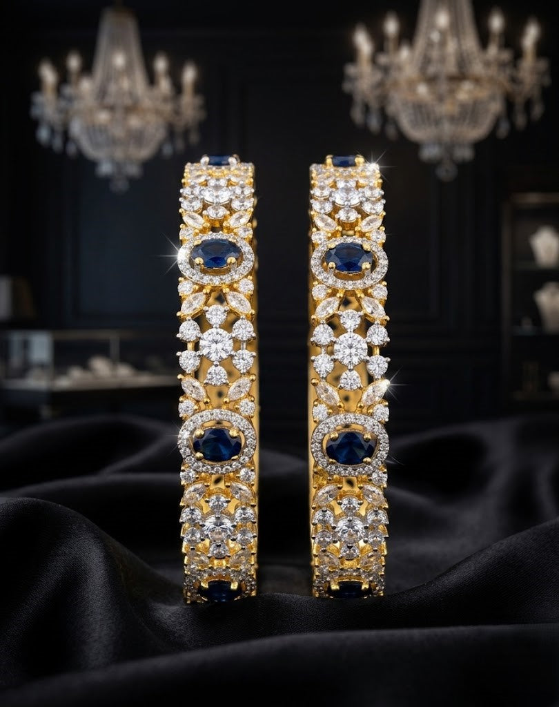 Premium Sparkle Design Royal Blue Diamond Bangles Pair Gold Tone