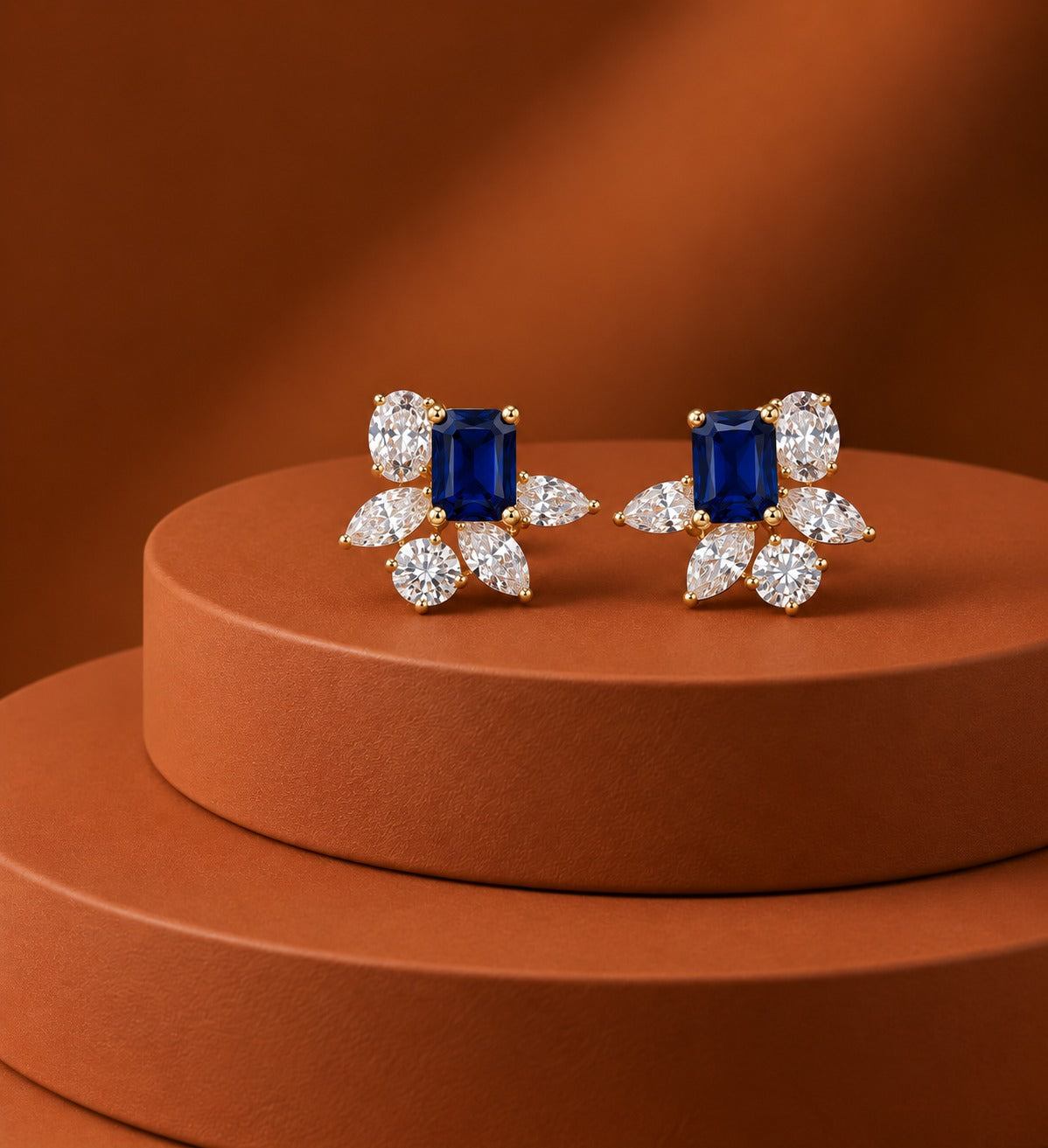 Velora Emerald-Cut Floral Stud Earrings – Blue, Green & Ruby