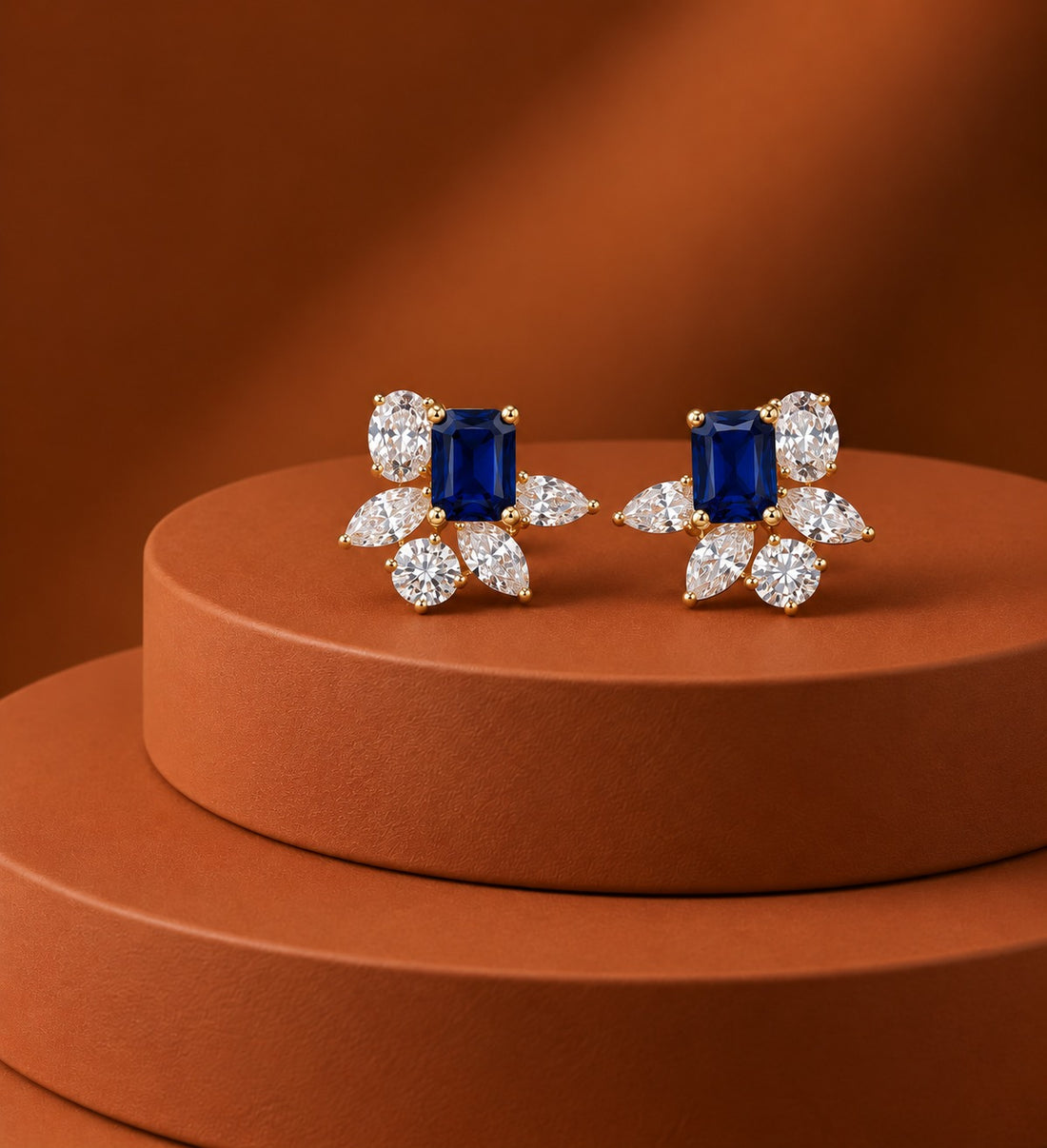 Velora Emerald-Cut Floral Stud Earrings – Blue, Green & Ruby
