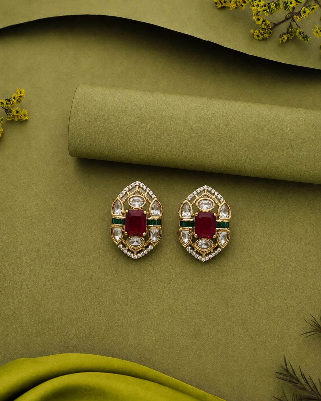 Royal Kundan Gem Stud Pair – Ruby Centre With Emerald Highlights