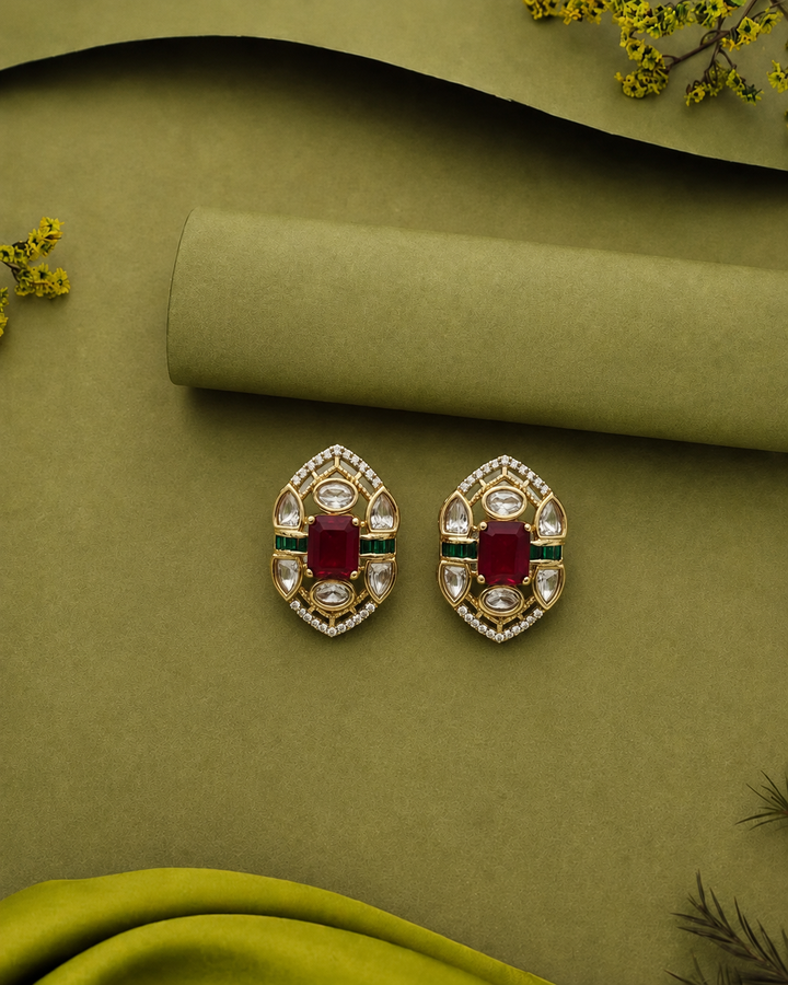 Royal Kundan Gem Stud Pair – Ruby Centre With Emerald Highlights