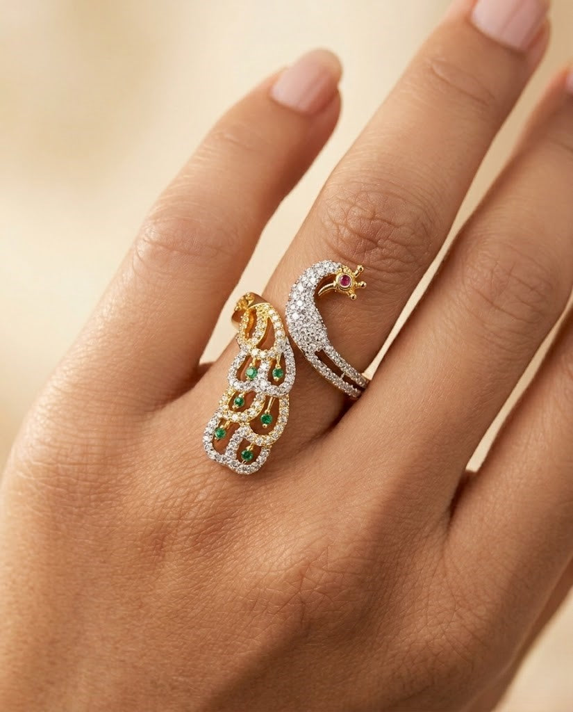 Mayurika Peacock AD Ring for Women Gold Tone Adjustable Designer Ring