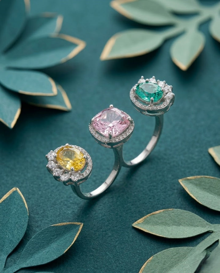 Meher Luxe Stone Adjustable Ring Trio – Elegant Crystal Statement Rings