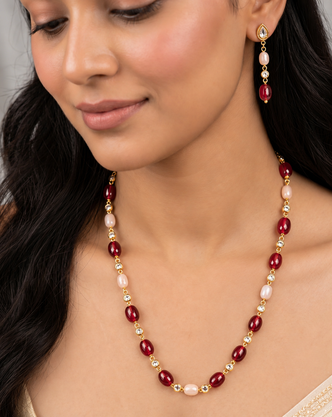 Roselle Ruby Blush Beaded Mala & Earrings
