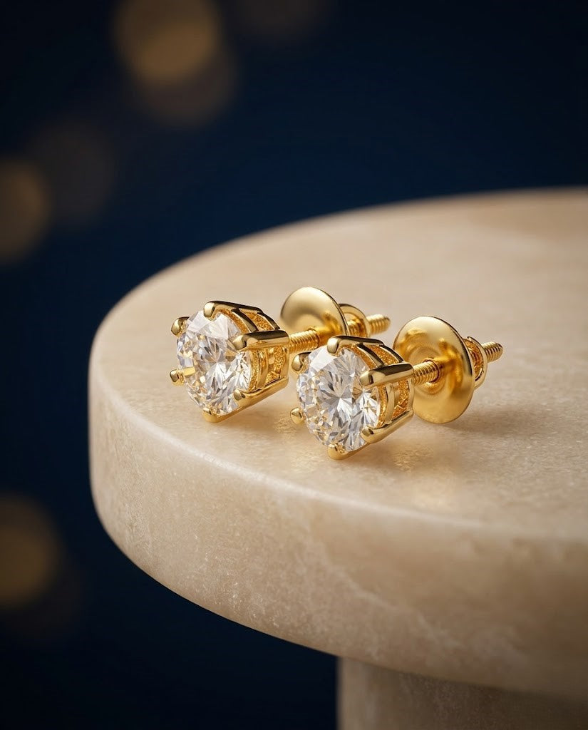 Screw Pench Ishraya Spark Gold Tone Diamond Look Solitaire Stud Earrings for Women | Screw Back Tops