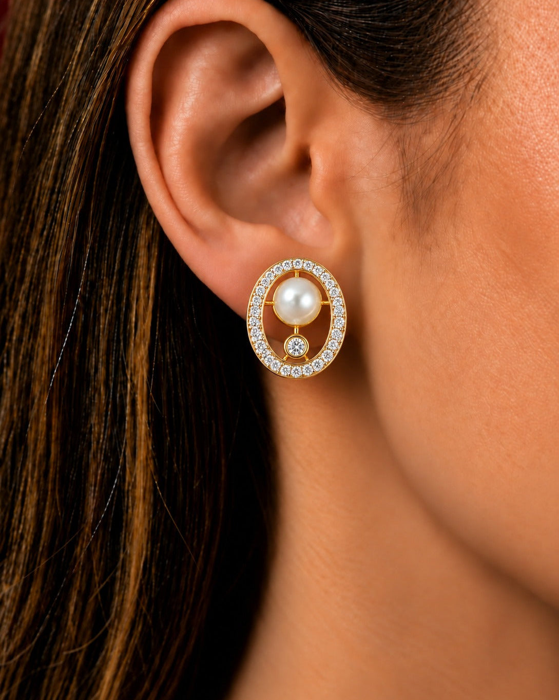 Elara Pearl Halo Oval Stud Earrings