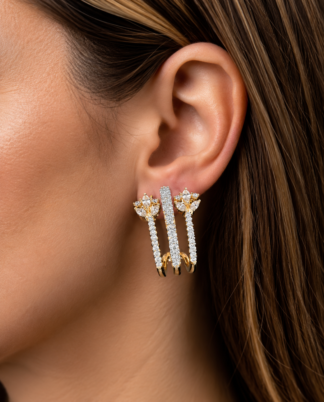 Celestia Floral Double-Line Ear Climber Earrings – Gold & Silver