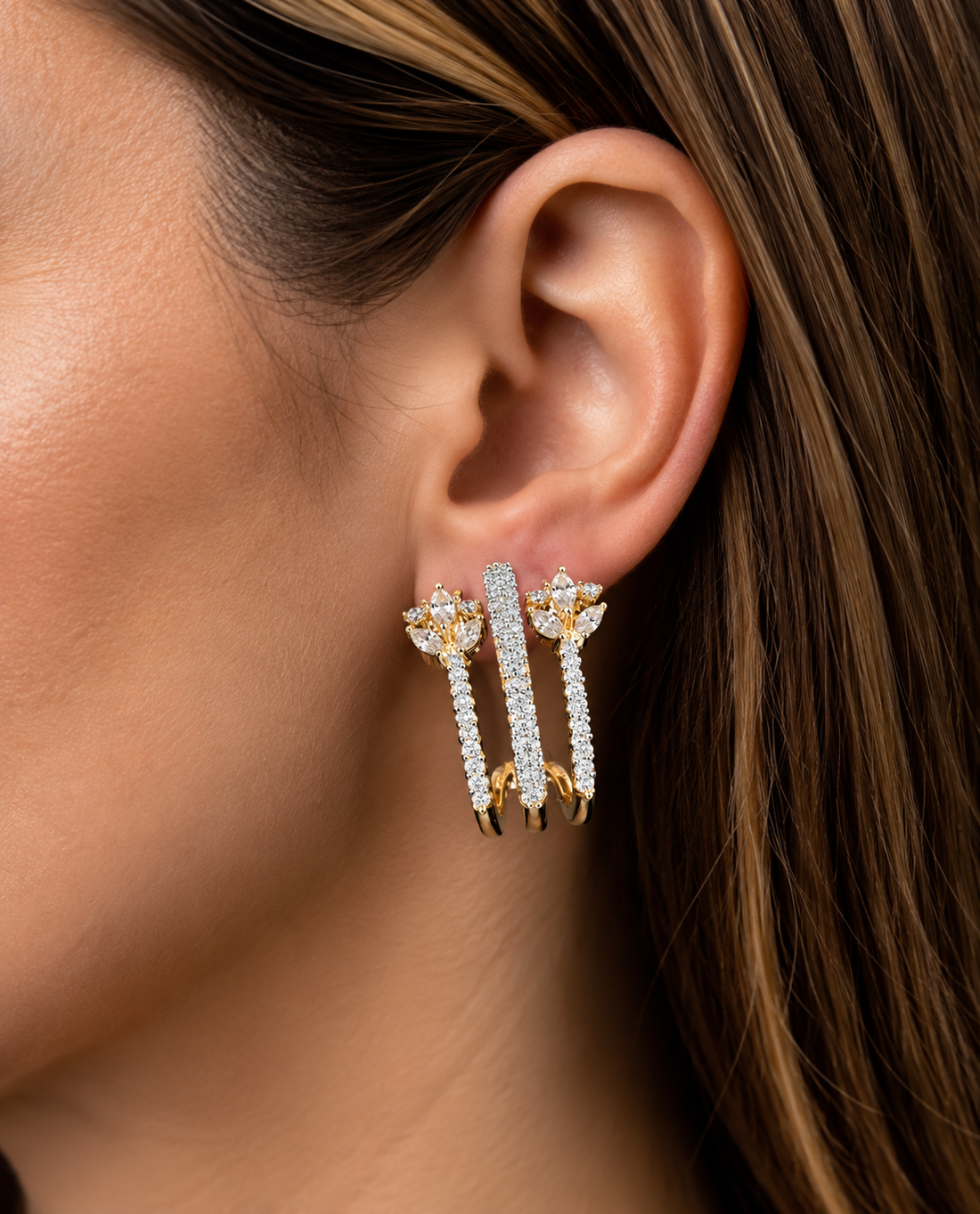 Celestia Floral Double-Line Ear Climber Earrings – Gold & Silver