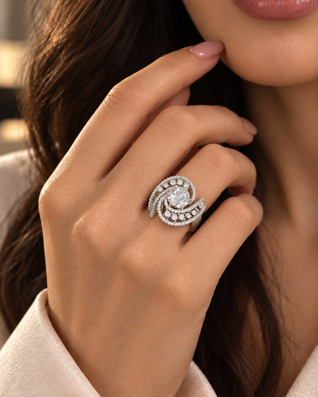 Elowen Swirl Halo Adjustable Ring