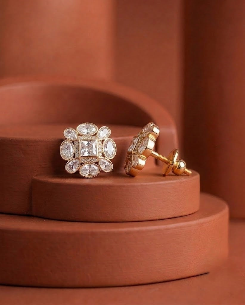 Aarvika Floral Kundan Mossaonite Stud Earrings