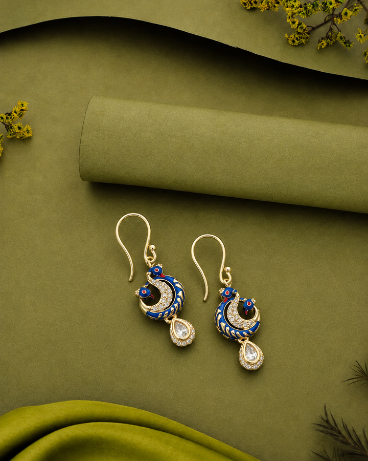 Premium Kundan Peacock Drop Earrings Green Red Blue