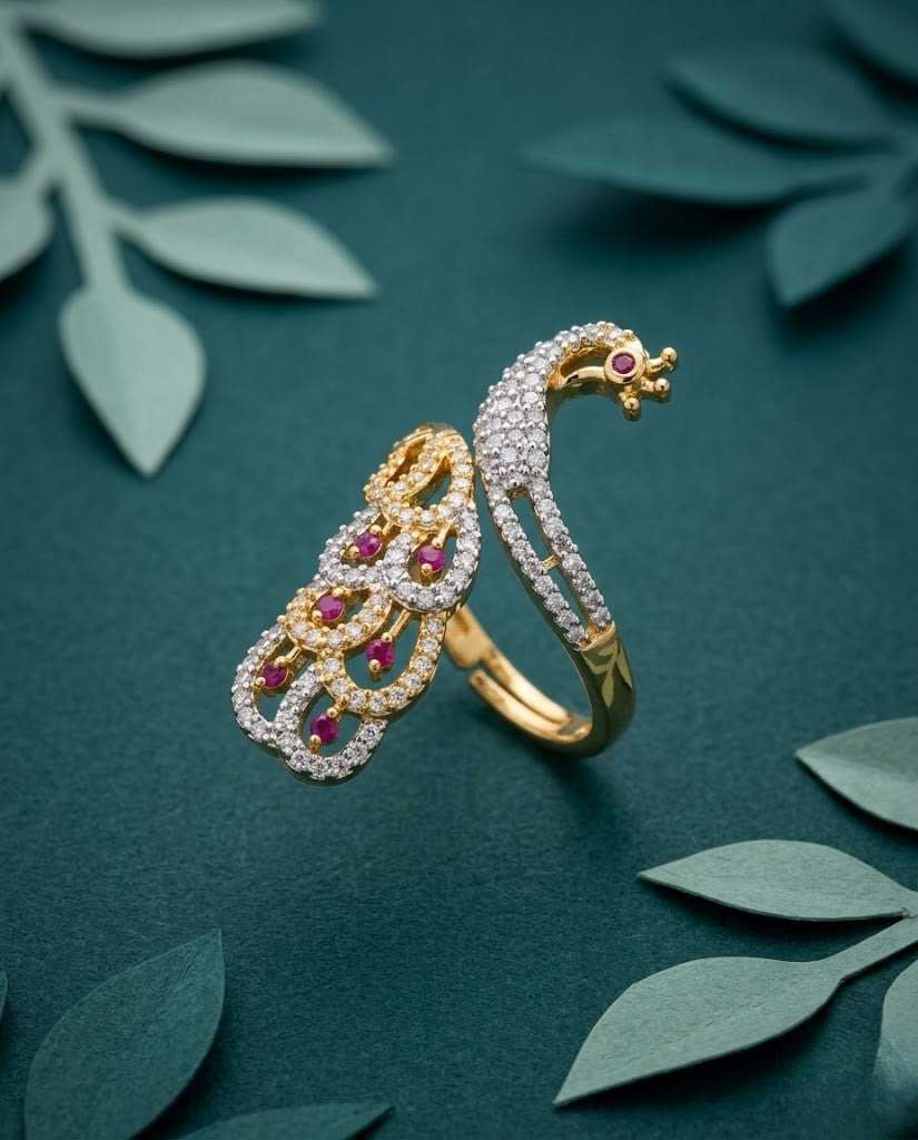 Mayurika Peacock AD Ring for Women Gold Tone Adjustable Designer Ring