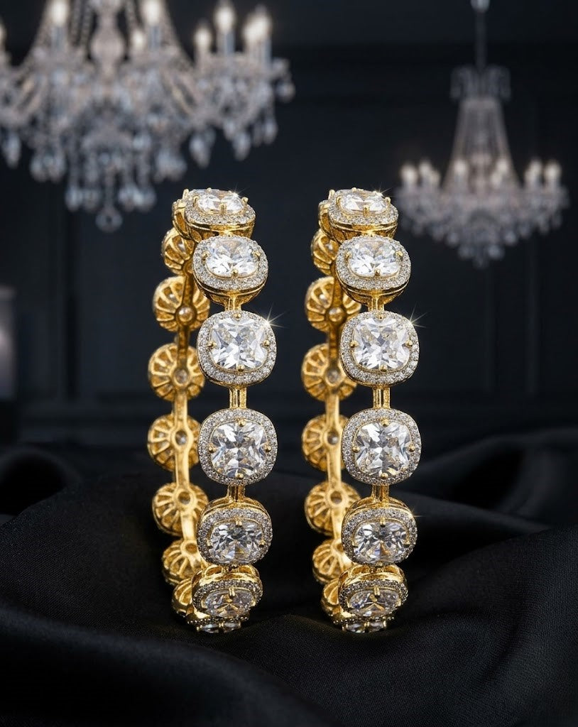Gold Finish Diamond-Style Round Link Bangles – Pair