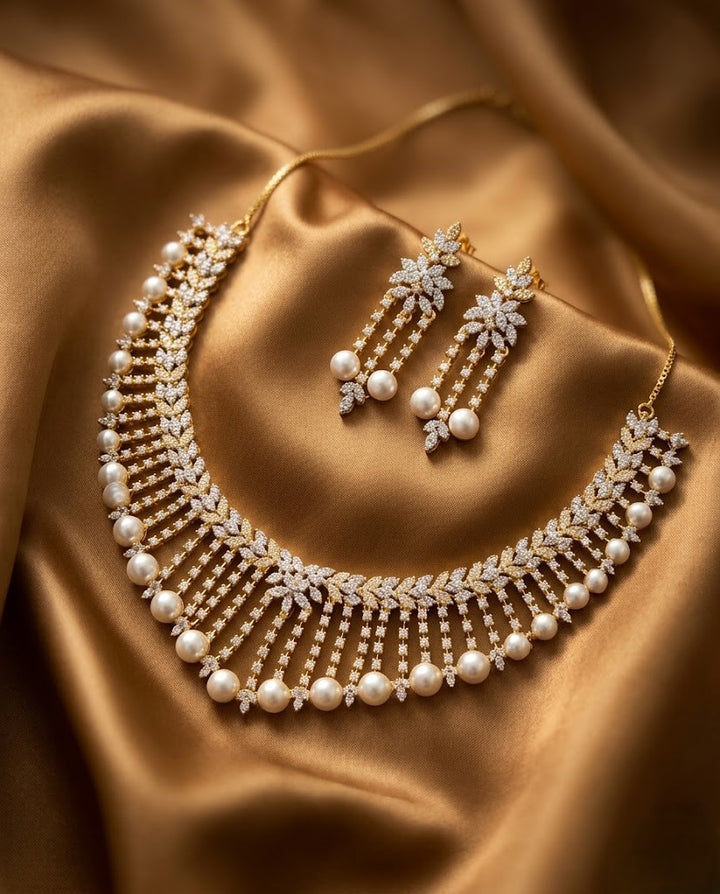 Pearl Vanyaa Real Look Diamond Pearl Necklace Set with Earrings