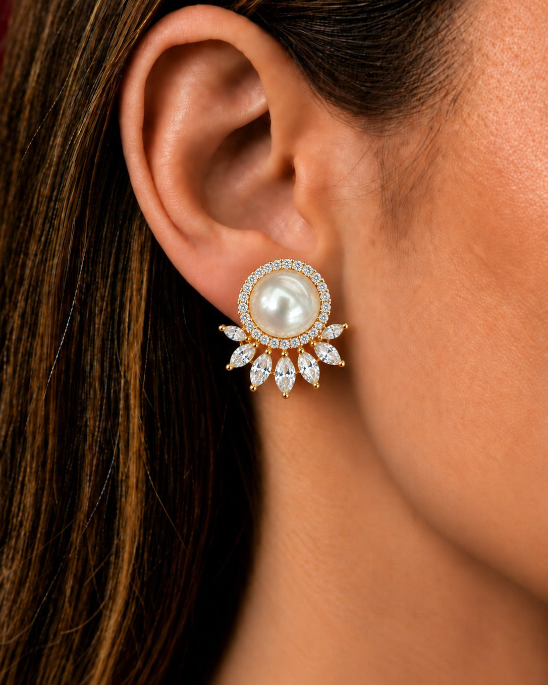 Pearlora Marquise Halo Pearl Stud Earrings