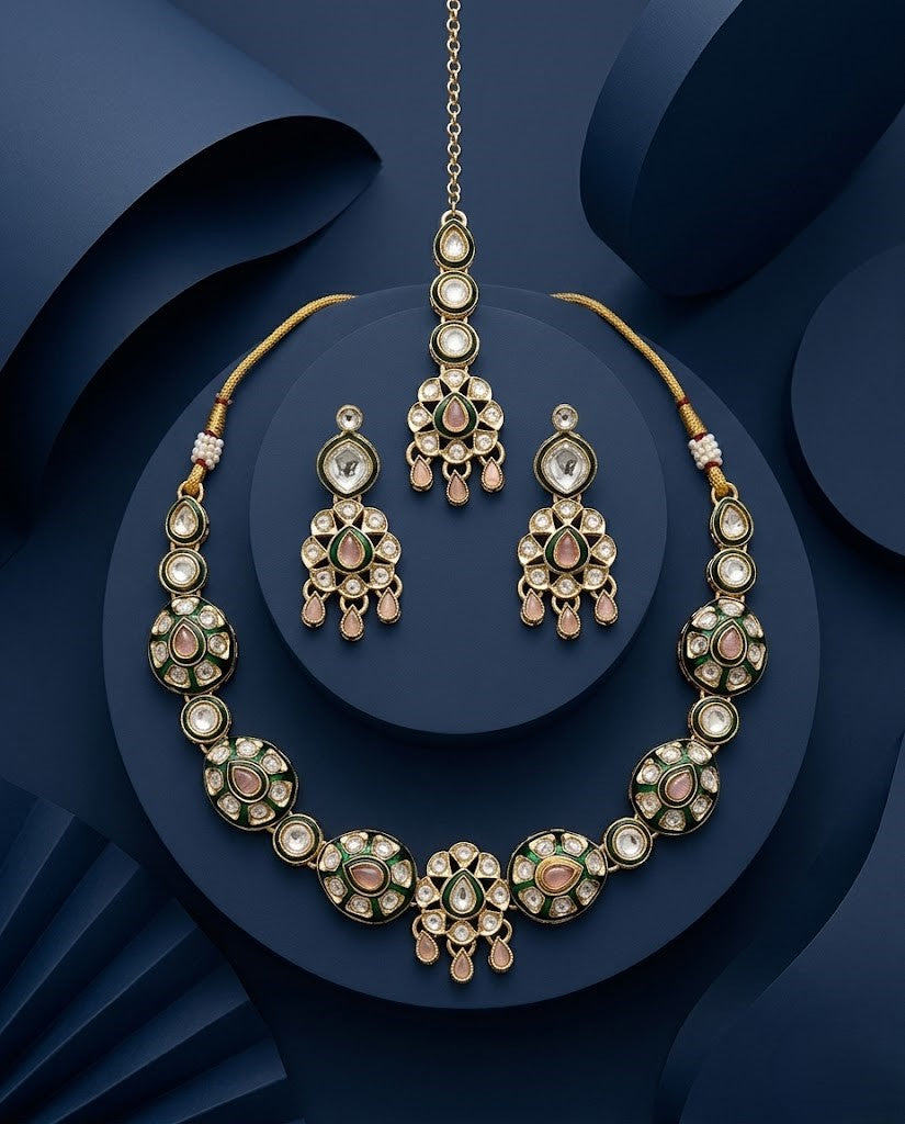 Green Kundan Necklace Set with Earrings and Maang Tikka