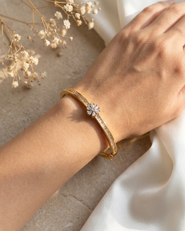 Slim Floral Openable AD Bracelet in Gold Polish | Elegant Diamond Look Kada for Women