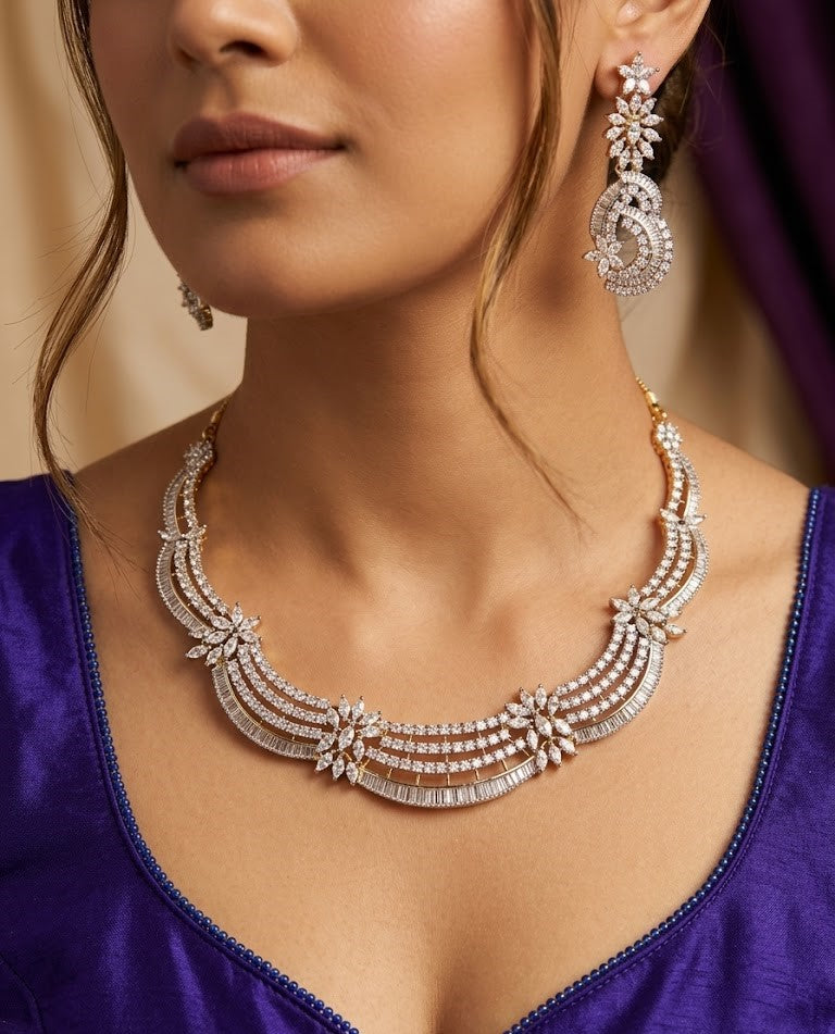 Aadhira Screw Diamond Floral Necklace Set with Statement Earrings