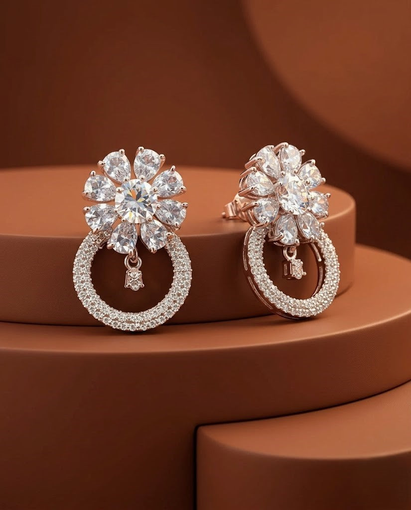 White Diamond Floral Drop Earrings – Silver Finish