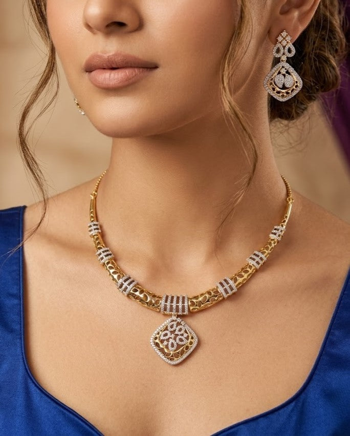 Svarnika Noor Gold Tone Diamond Pendant Necklace Set with Earrings
