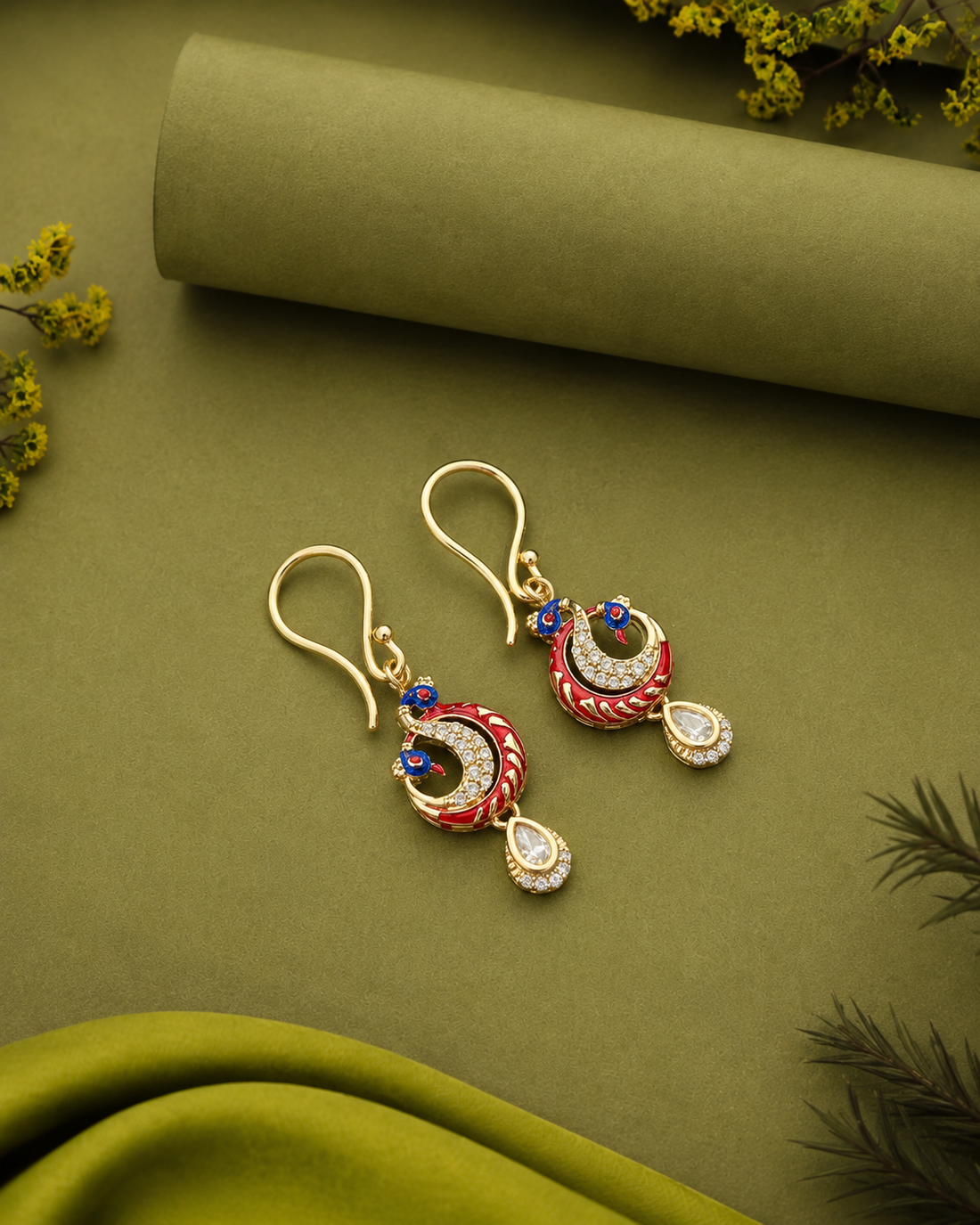 Premium Kundan Peacock Drop Earrings Green Red Blue
