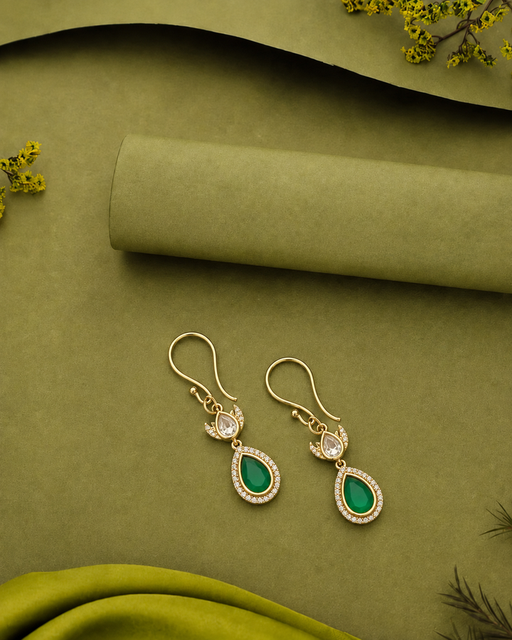 Premium Kundan Teardrop Earrings Green White Red Gold Finish