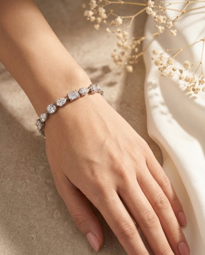 Openable Premium Multi-Shape Crystal Bracelet in Silver Tone