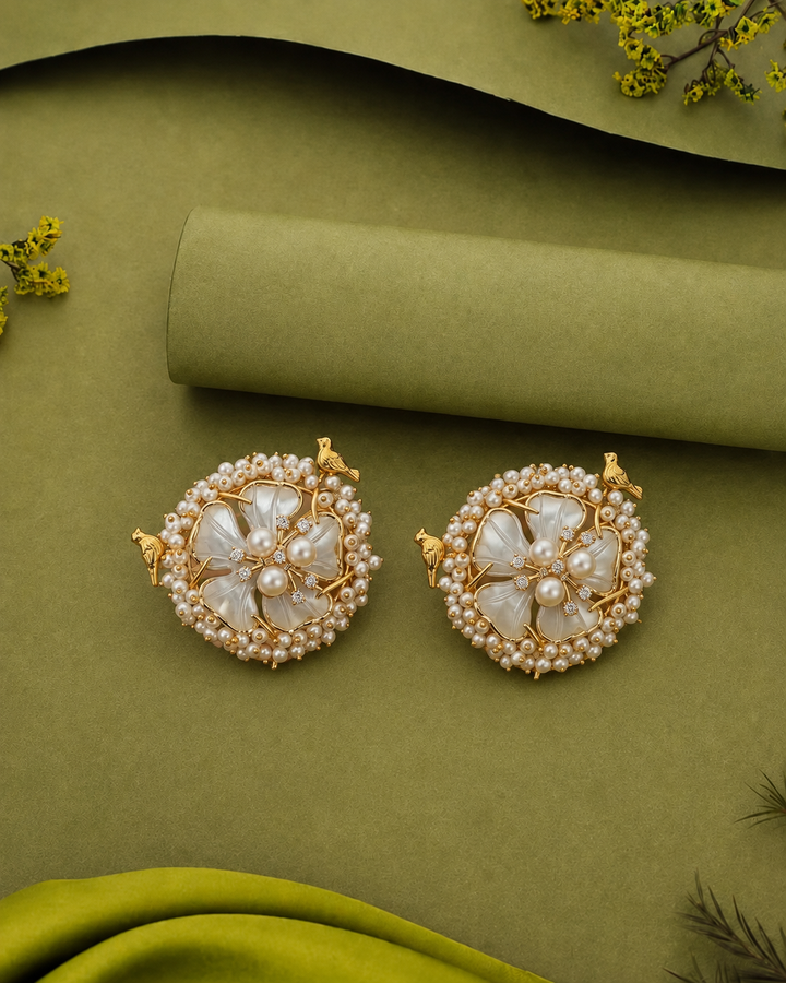 Floral Pearl Stud Earrings with Bird Motif & Shell Petal Design in Gold Finish
