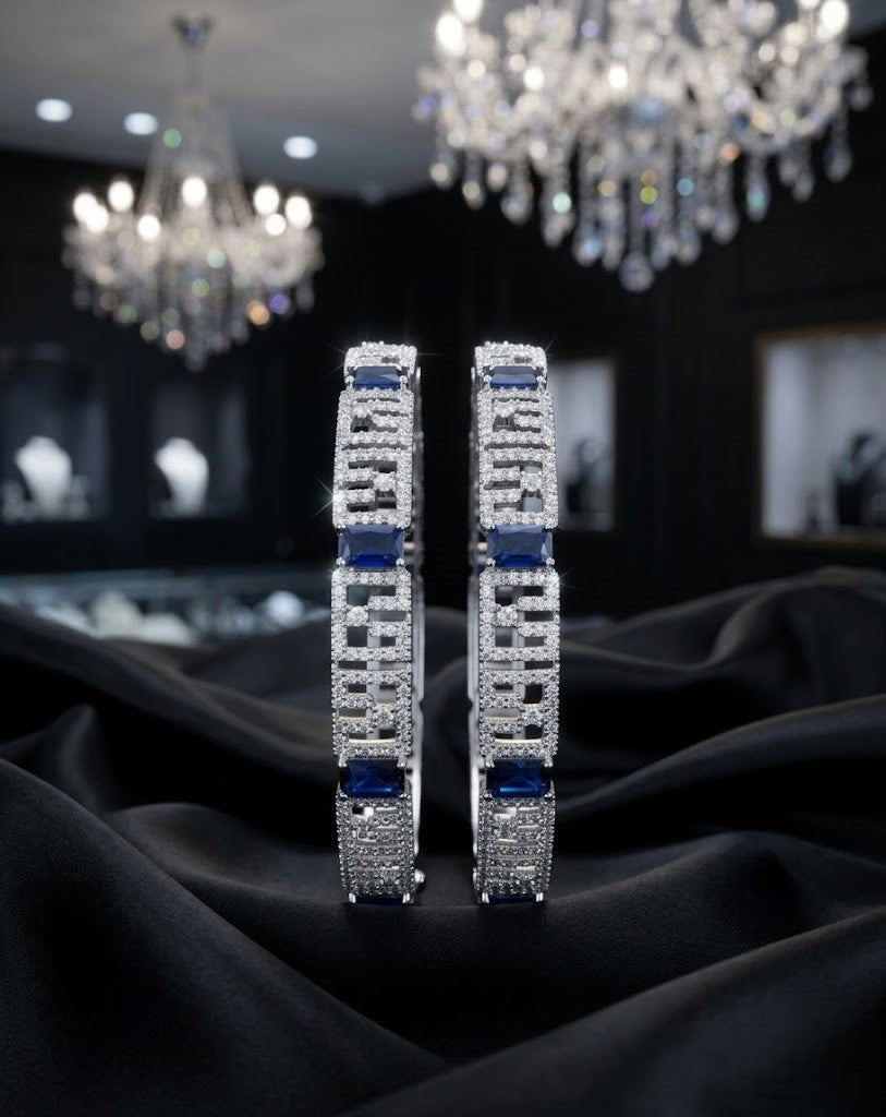 Premium Sparkle Design Royal Blue Square Diamond Cutwork Bangles Pair Silver Tone