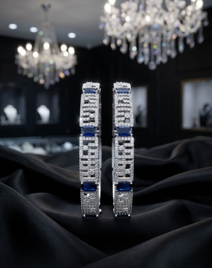 Premium Sparkle Design Royal Blue Square Diamond Cutwork Bangles Pair Silver Tone