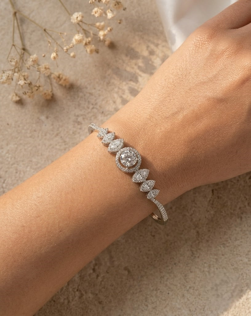 Designer Openable Round Diamond Bracelet for Women | Silver Polish American Diamond Kada | Size 2.4 & 2.6
