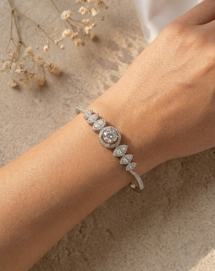 Designer Openable Round Diamond Bracelet for Women | Silver Polish American Diamond Kada | Size 2.4 & 2.6