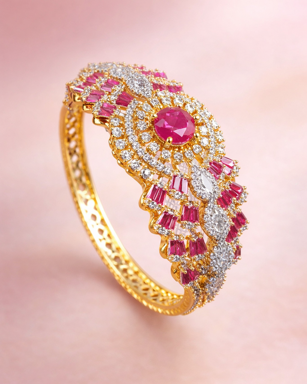 Gold bracelet with pink gemstones on a pink background