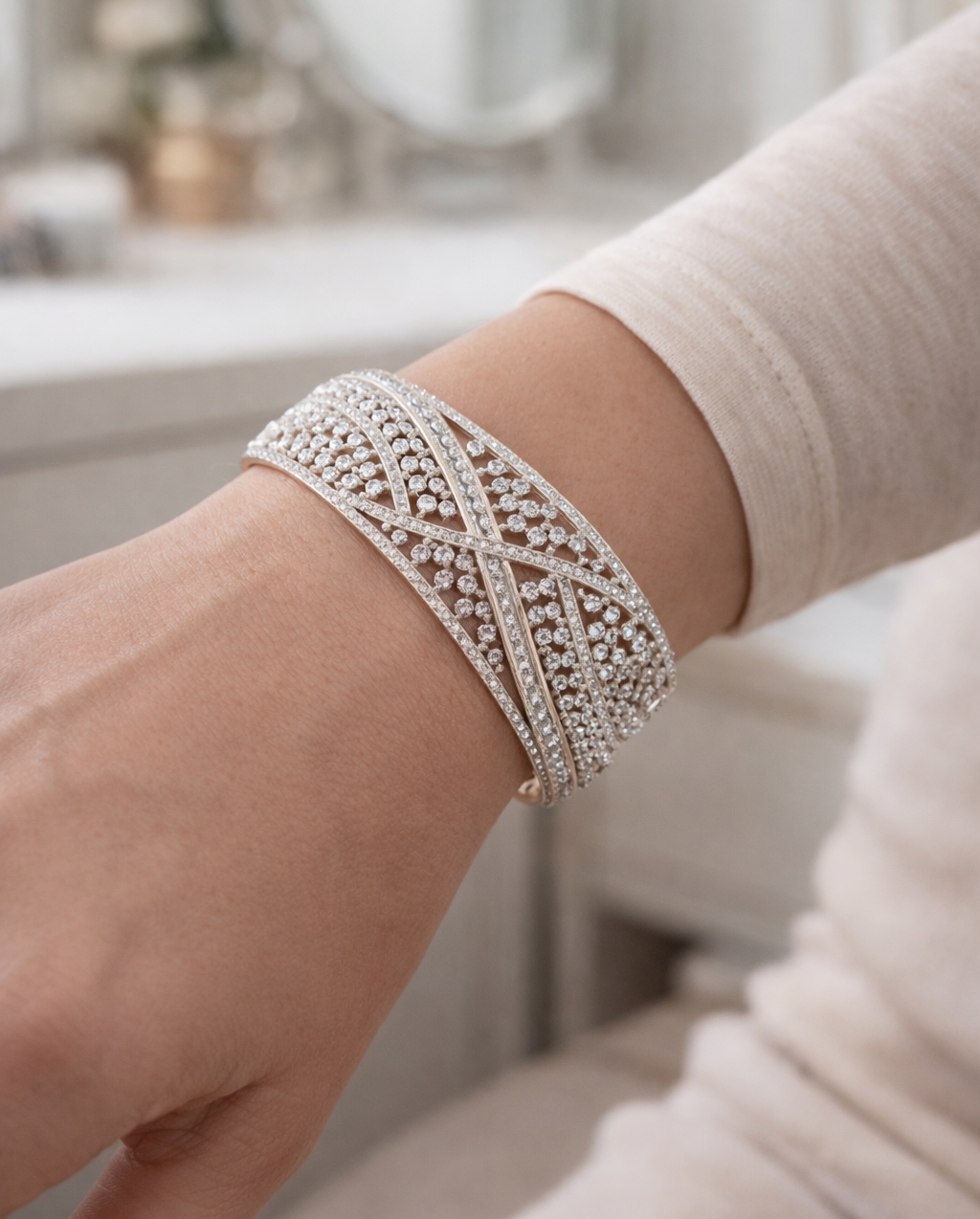 Close-up of a hand wearing a decorative bracelet with a blurred background