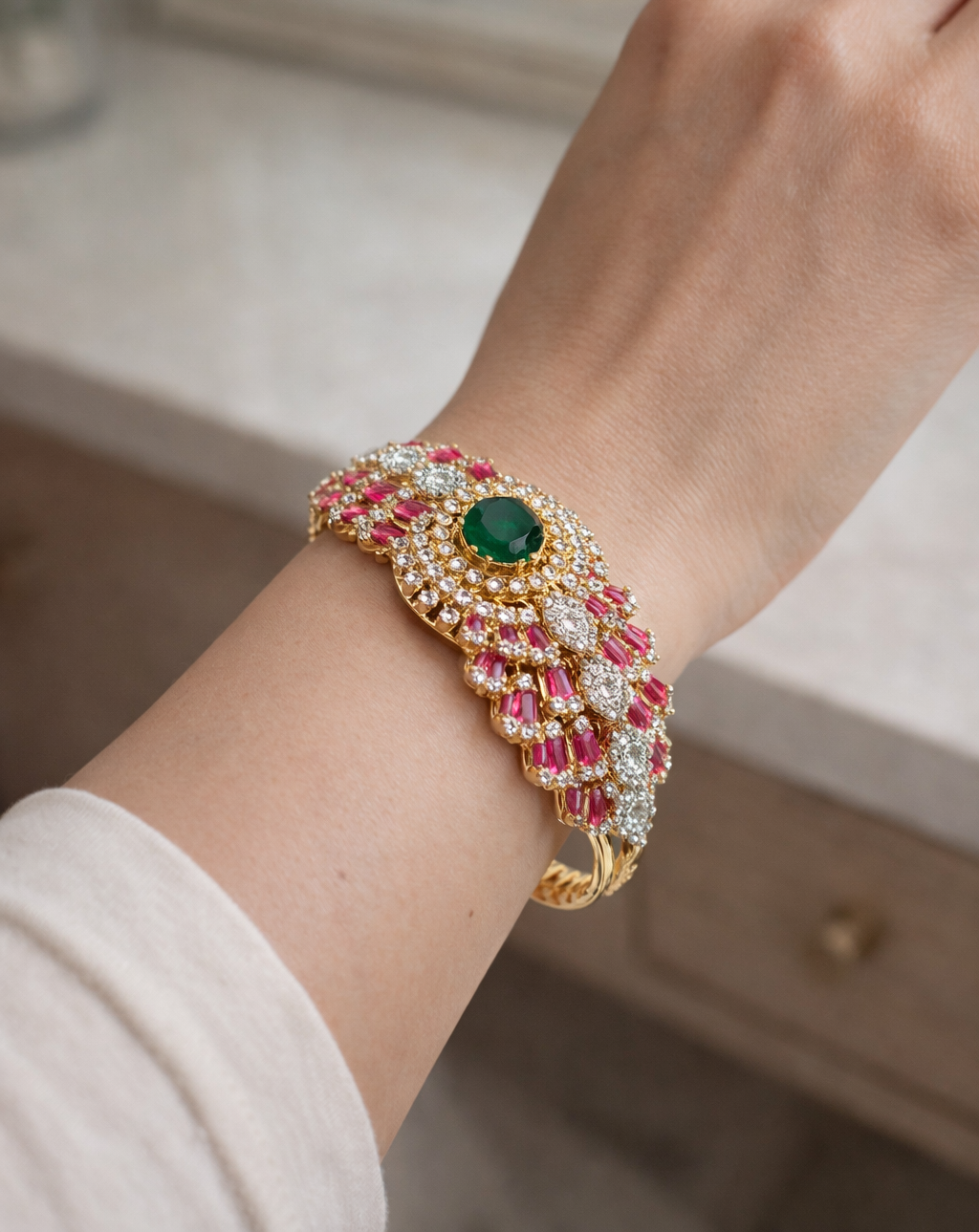 Elegant bracelet with gemstones on a wrist against a neutral background
