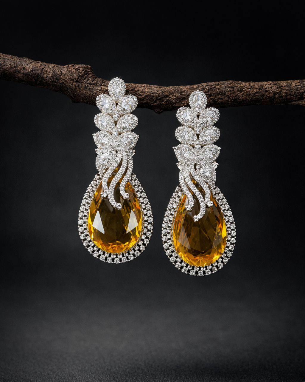 Pair of ornate earrings with orange gemstones and diamond accents on a dark background.