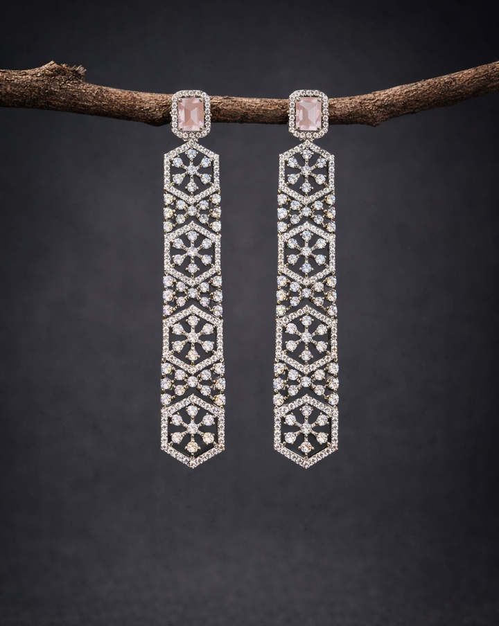 Pair of long, ornate earrings hanging from a branch against a dark background