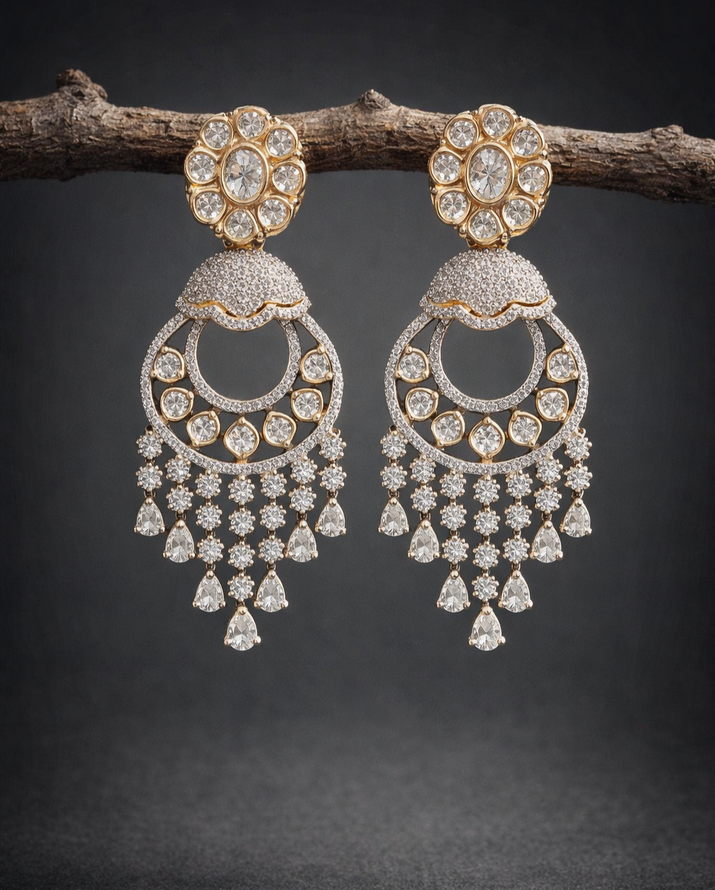 Pair of ornate diamond earrings on a dark background