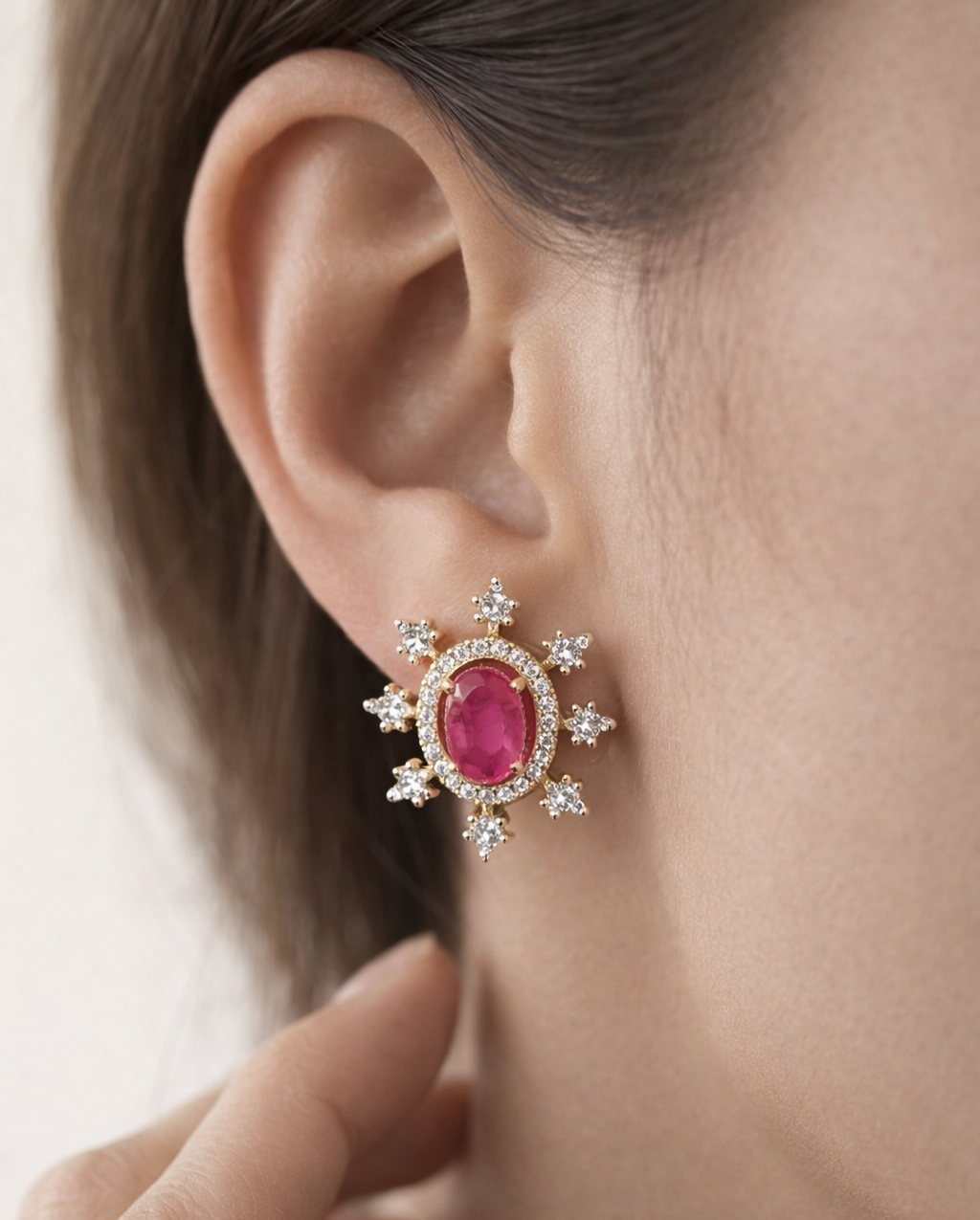 Diamond Style Sunburst Stud Earrings Ruby White Gold Finish