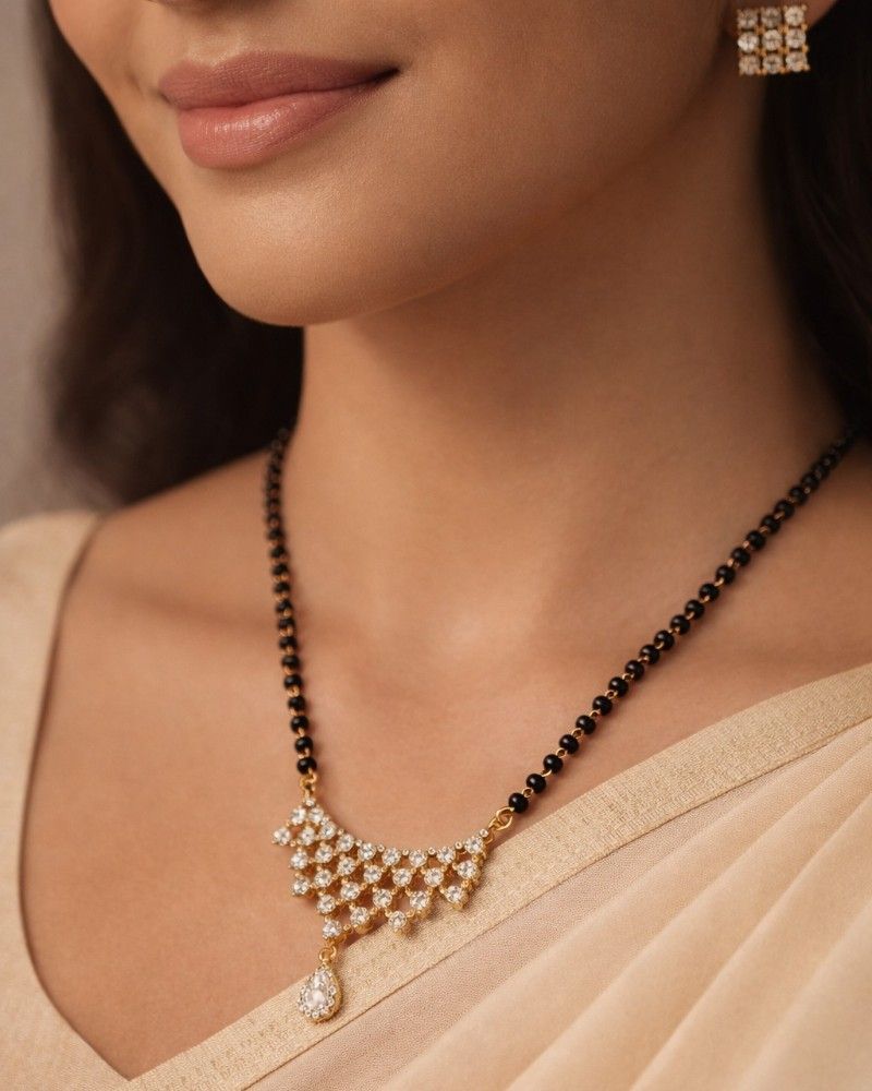 Designer Zig-Zag Diamond-Style Mangalsutra with Black Beads & Square Stud Earrings
