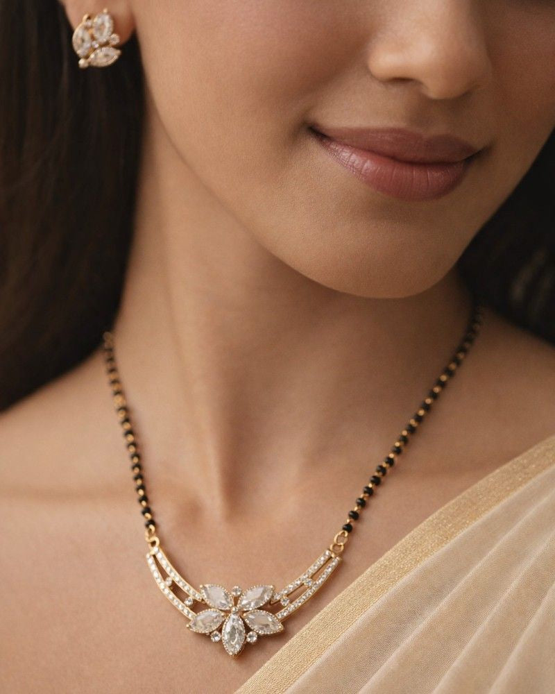 Floral Curve Diamond-Style Mangalsutra with Black Beads & Matching Stud Earrings