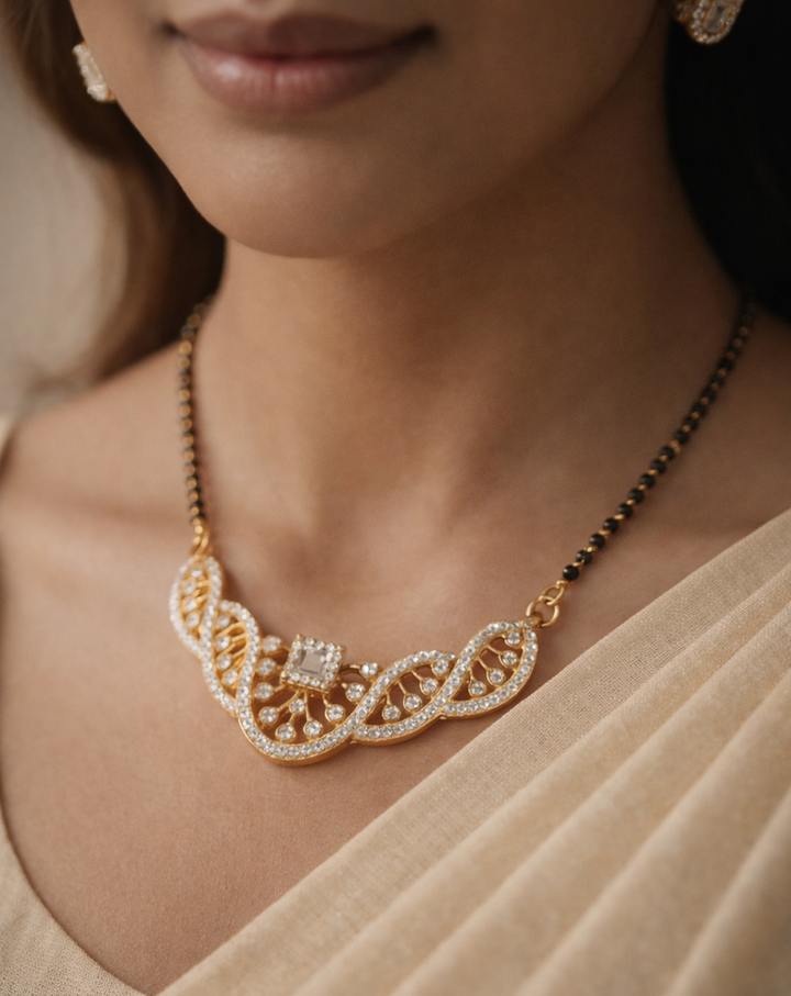 Wave Pattern Diamond-Style Mangalsutra with Black Bead Chain & Stud Earrings