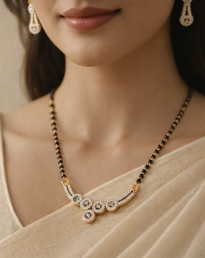 Linked Circle Diamond-Style Mangalsutra with Black Bead Chain & Stud Earrings