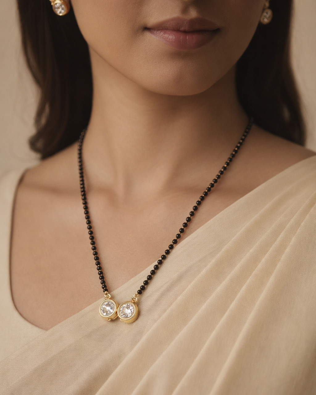 Double Round Solitaire Style Mangalsutra with Black Bead Chain & Stud Earrings