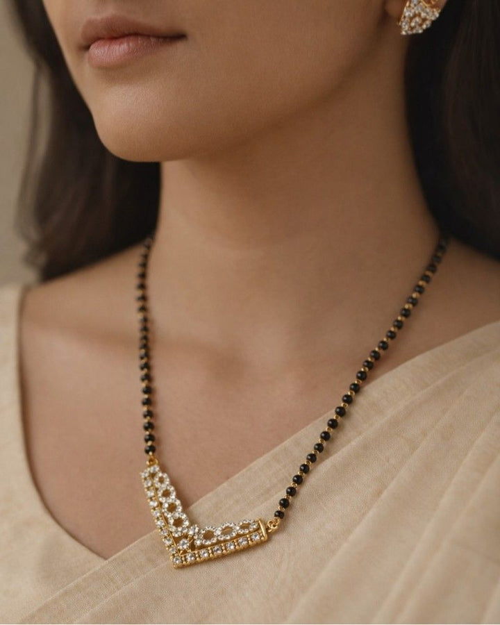 Designer L-Shape Diamond-Style Mangalsutra with Black Beads & Stud Earrings – Modern Daily Wear