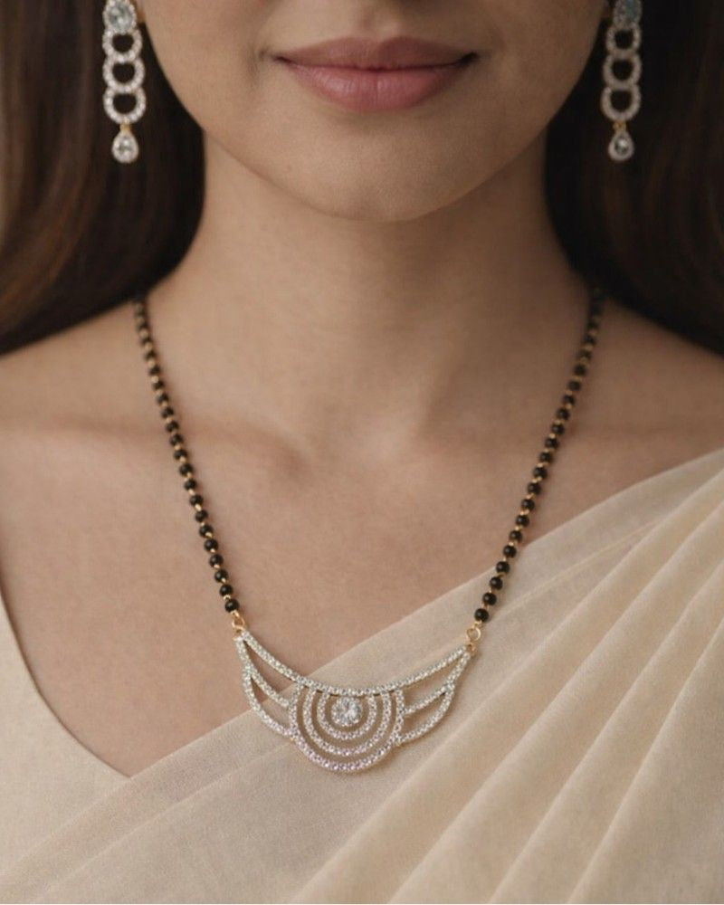 Curved Swirl Diamond-Style Mangalsutra with Black Bead Chain & Long Drop Earrings